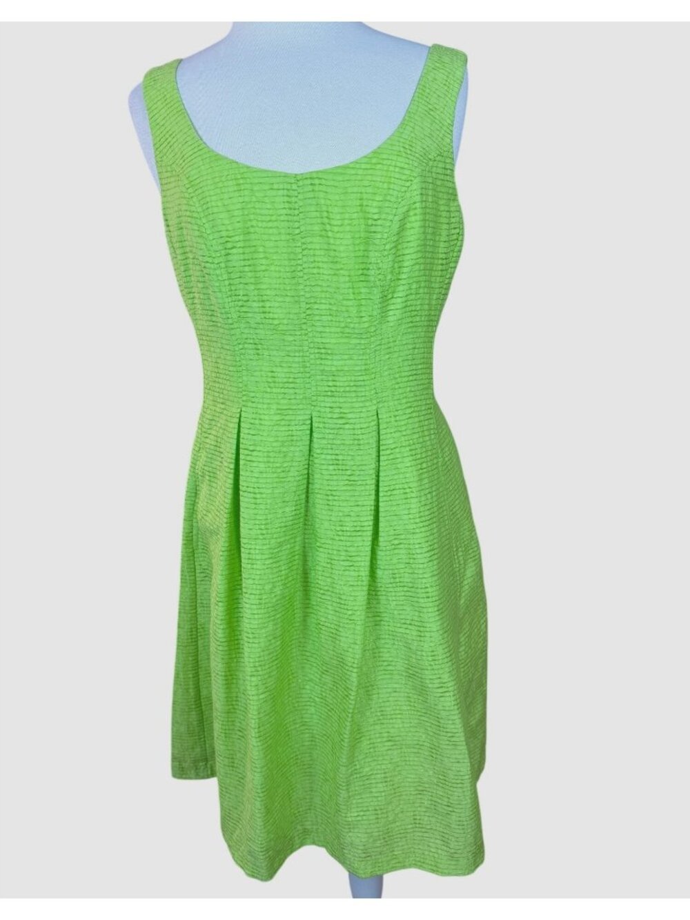 Nine West Sleeveless Pleated Lined Fit n Flare Lime Green Dress 12 NO BELT